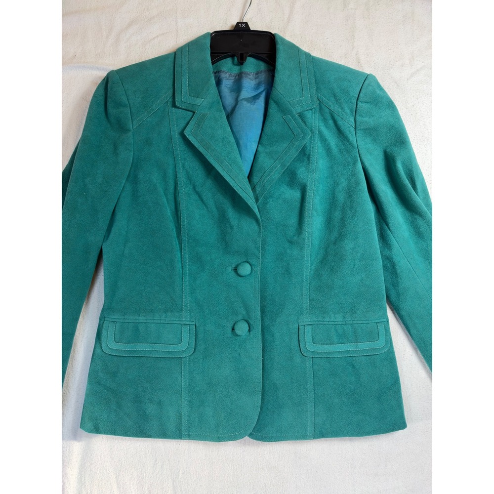 Vintage Teal Faux Suede Skirt Suit Set Blazer & Midi Skirt Green 2 Piece - Picture 2 of 16